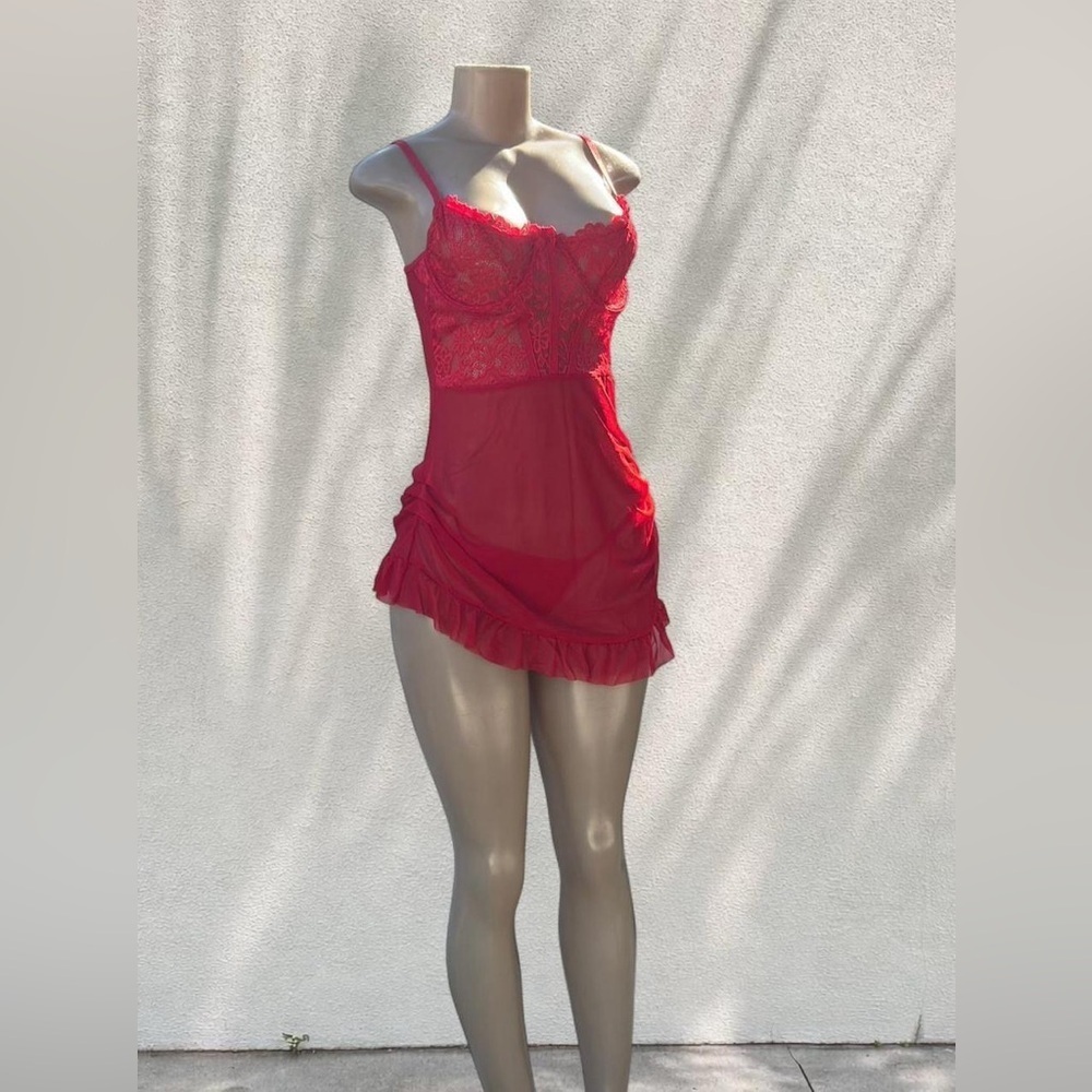 Red Lace Sheer Mini Dress ❤️ Ruffle Hem Slip / Lingerie Style - Picture 2 of 6